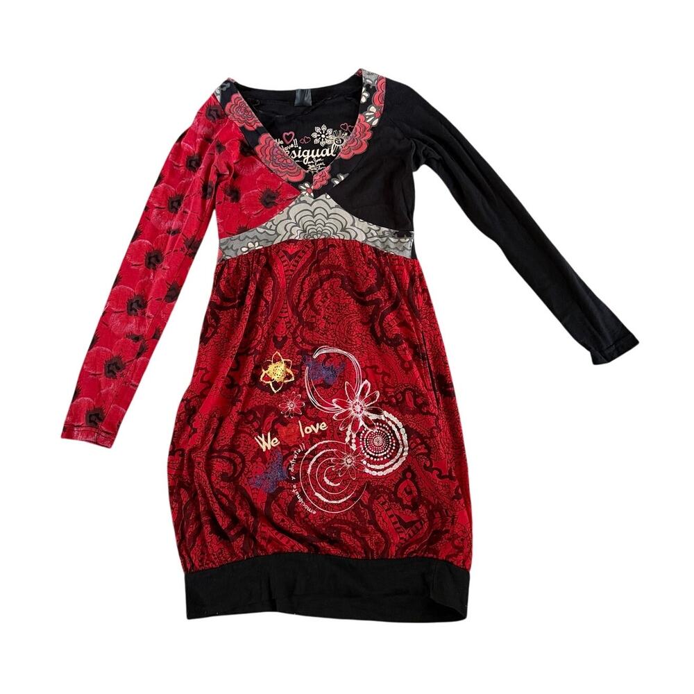 Desigual Patchwork Y2K Long Sleeve Babydoll Mini Dress XS Maximalist